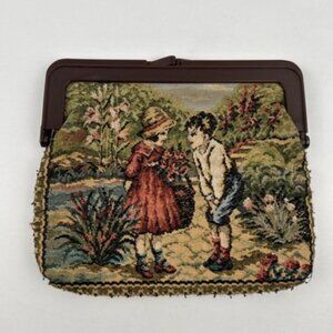 Vtg 40s Tapestry Clutch Change Purse w Amber Bakelite Kiss Lock Closure 6x5 in